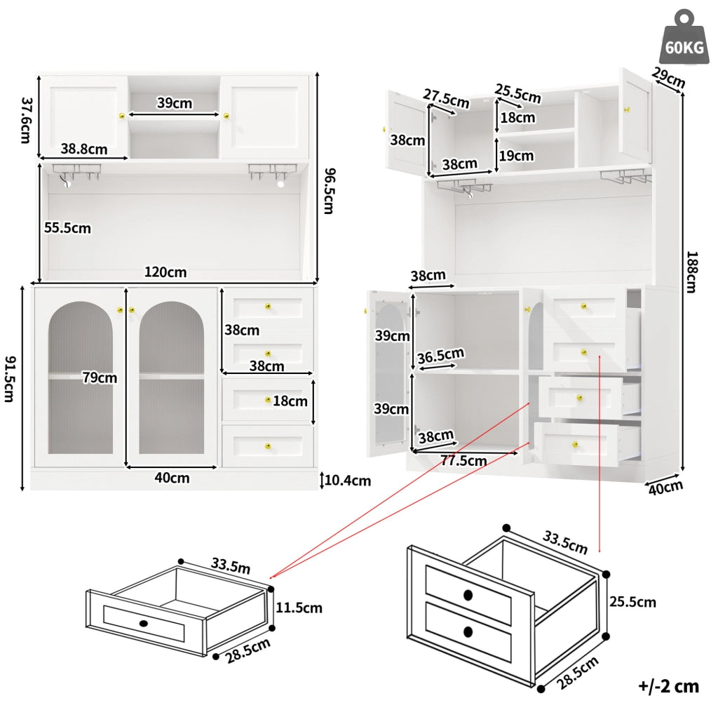 Credenza da cucina bianca con LED e vetro, 120x40x188 cm