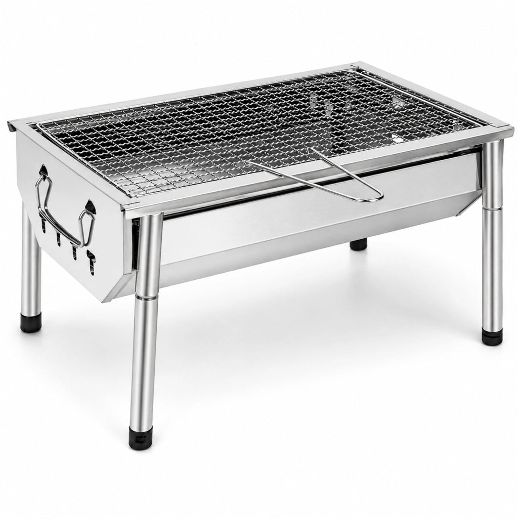 Barbecue A Carbone Portatile In Acciaio Inox Con Griglia Smontabile Gambe Pieghevoli Design Compatto Per Campeggio Picnic Giardino Outdoor 40 X 28 X 21.5 Cm Acciaio