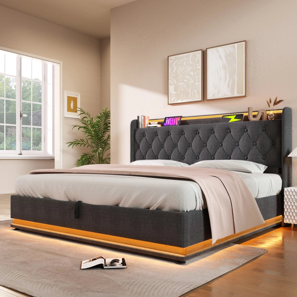 Letto imbottito idraulico con illuminazione a LED e porta USB 140x190 cm colore grigio lino