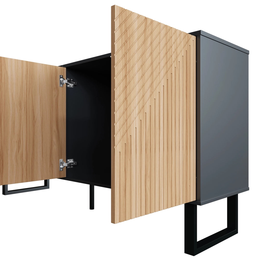 Credenza 160 x 38 x 75 cm, ante con motivo rigato, contenitore TV, MDF nero e legno naturale, per soggiorno