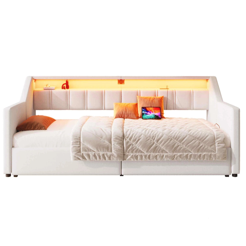 OKWISH Letto a Scomparsa 90×200 cm, Letto Singolo con USB, Tipo C, LED Regolabile, 2 Cassetti e Tasche Contenitore, senza Materasso, Beige