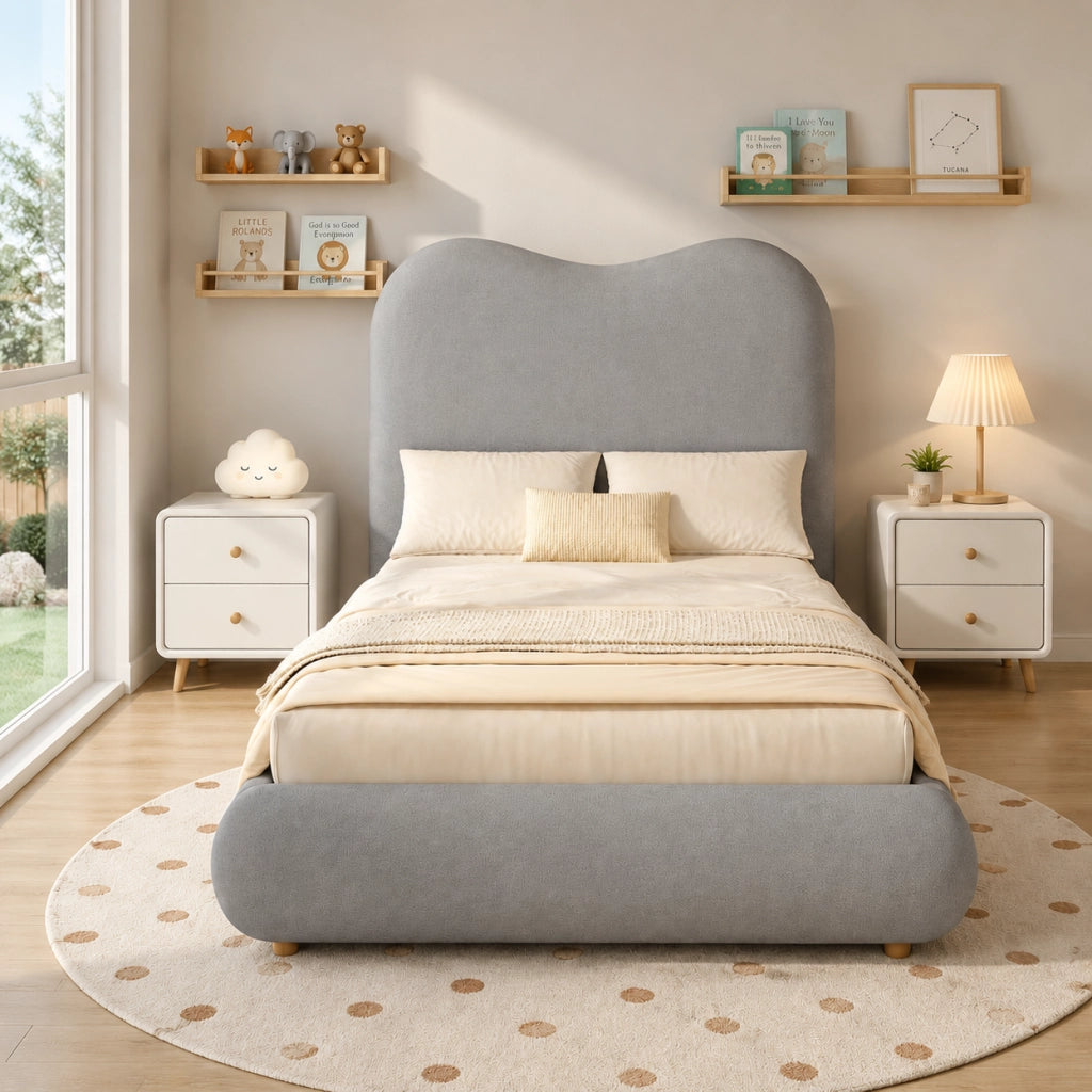 Letto imbottito per bambini grigio con contenitore idraulico