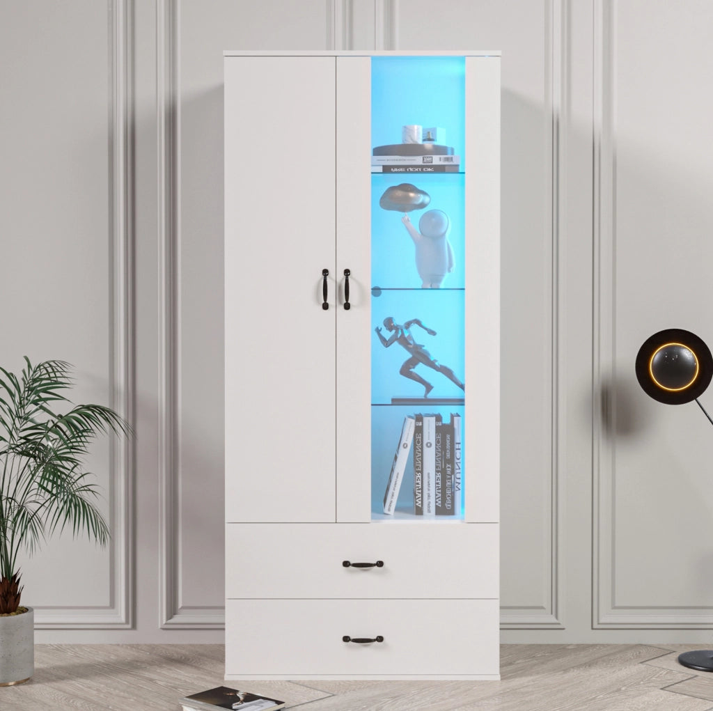 Vetrina libreria LED 59;5x35x182 cm con 2 ante e 2 cassetti in truciolare bianco