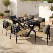 Set da Giardino Moderno con Tavolo in Plastica Legno e 6 Sedie con Struttura in Ferro e Cuscini