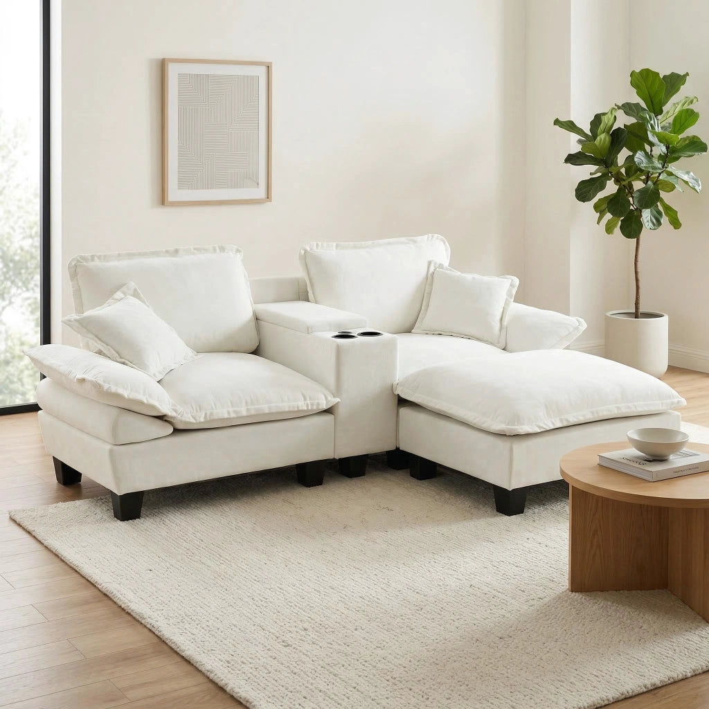 Divano Angolare Modulare con Ottomane ¨C MINIMAL ¨C Chenille Beige, Portabicchieri, USB, Cuscini