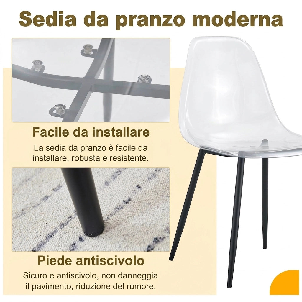 Set di 4 sedie da pranzo in plastica trasparente; 83 cm; design ergonomico con gambe in metallo nero