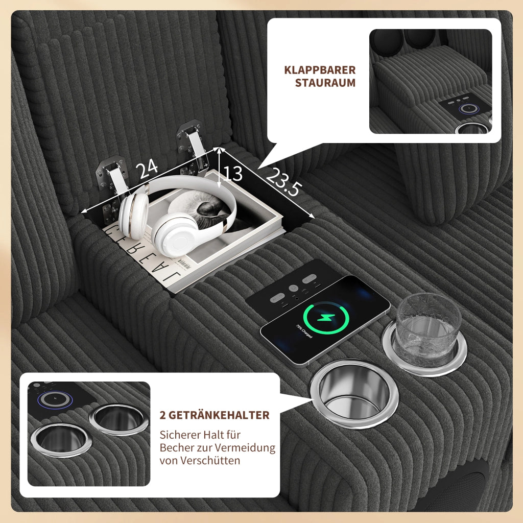 Divano modulare a U in velluto a coste con contenitore; Bluetooth; ricarica wireless; USB; cuscini; grigio 315;5 Ã— 144 Ã— 84;5 cm