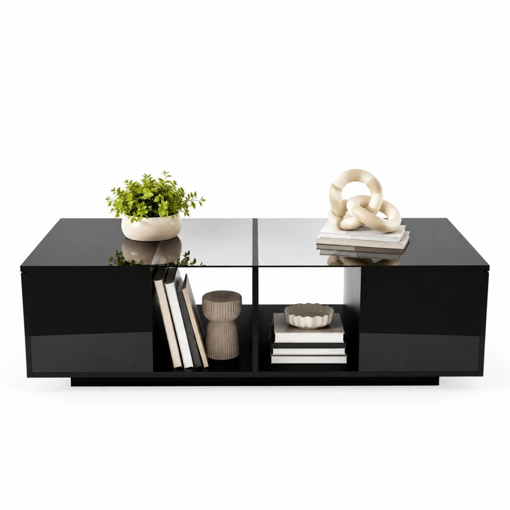 Tavolino da caffè moderno nero 120 x 50 x 38;5 cm con LED; vetro e vani laterali