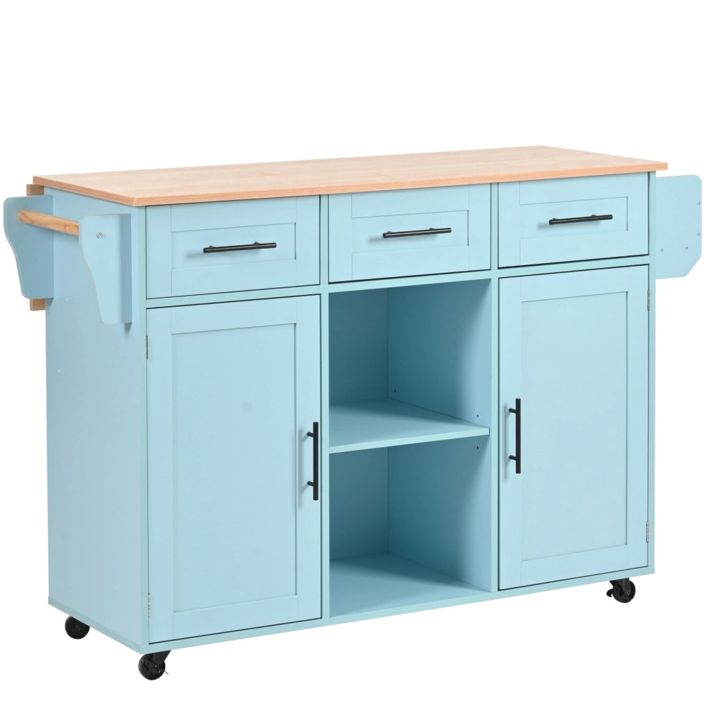 Carrello cucina ULEVR 139x46(71)x91,5 cm con piano pieghevole, 3 cassetti, ripiani regolabili e ruote, blu