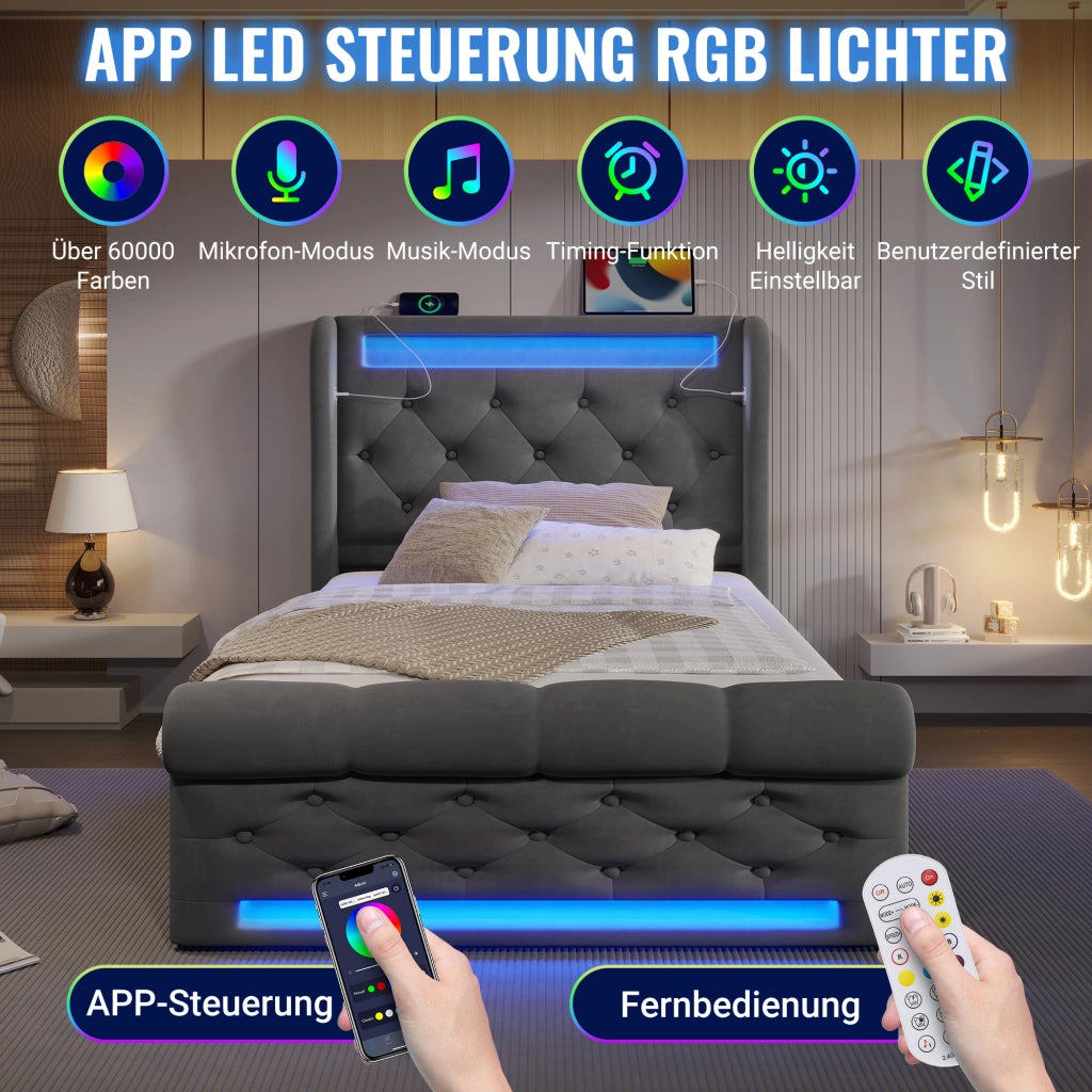 Letto singolo con contenitore 90 × 200 cm idraulico in velluto grigio con LED e porte USB e Type-C