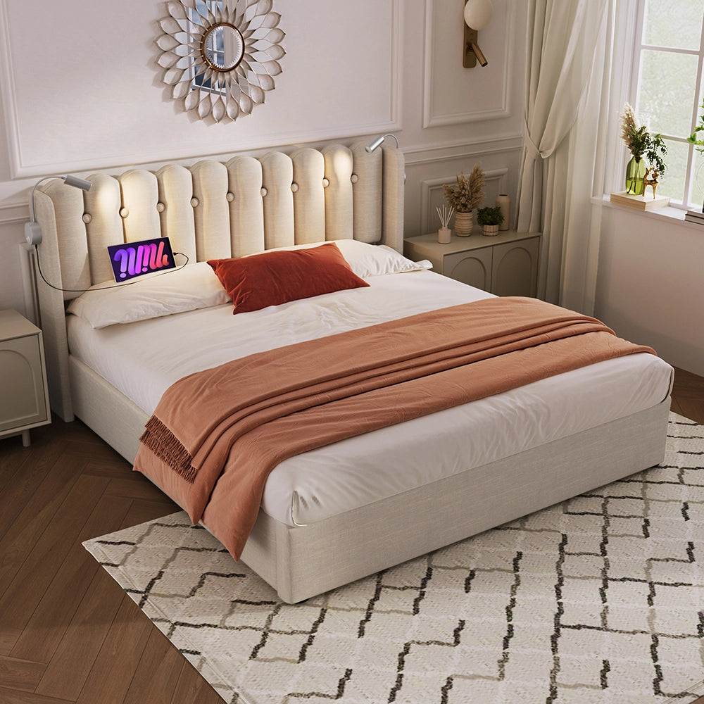 Lit coffre imbottito 140x200 cm - Xylo - Funzione di carico, due luci da lettura, beige