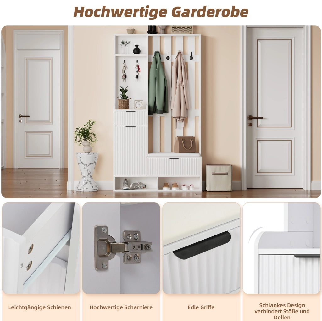 Mobile ingresso 6 in 1 100x30x180 cm con panca; 8 ganci e cassetti; bianco