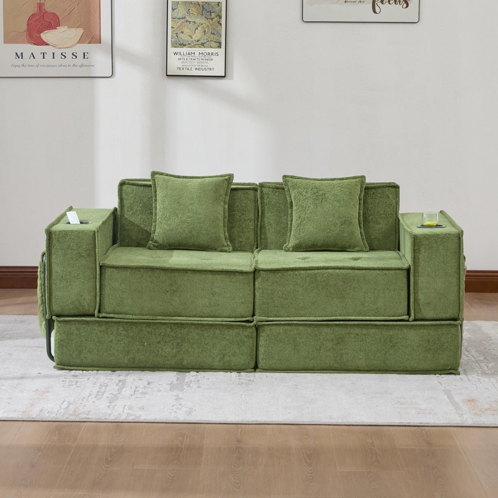 Divano modulare 2 posti - con tasche laterali e cuscini - in chenille verde