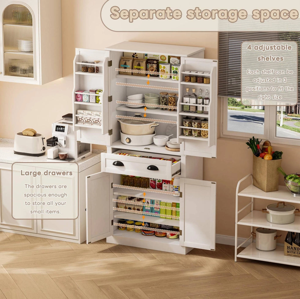 Credenza alta da cucina 80x40x182 cm con 4 ante; cassetto e ripiani regolabili in MDF bianco
