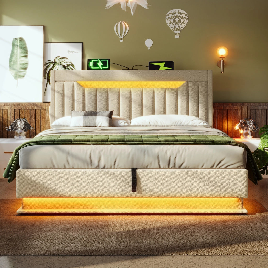 Letto matrimoniale 180×200 cm 2 posti con contenitore, LED, 3 USB e porta tipo C, senza materasso, lino beige