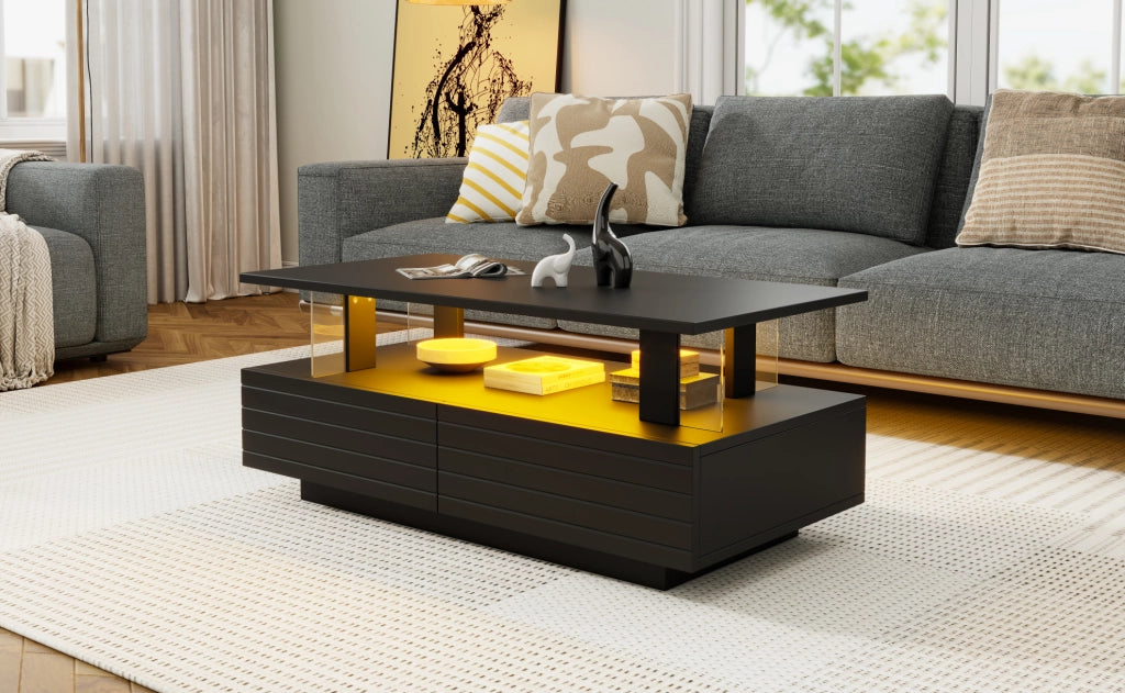 Tavolino LED nero in acrilico con doppio ripiano e controllo Bluetooth, 100x50x42 cm