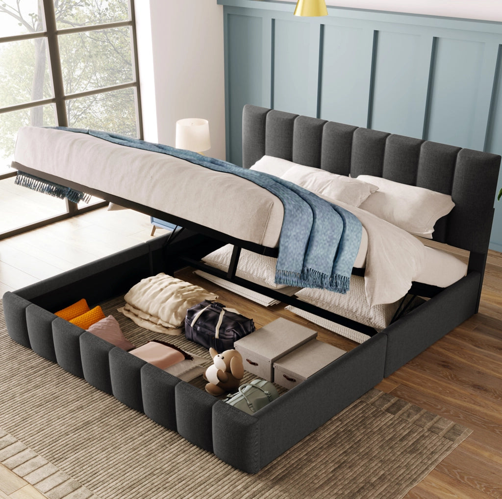 Letto matrimoniale idraulico 140x200 cm con rete in metallo, materasso incluso, tessuto di lino grigio, testiera regolabile e contenitore
