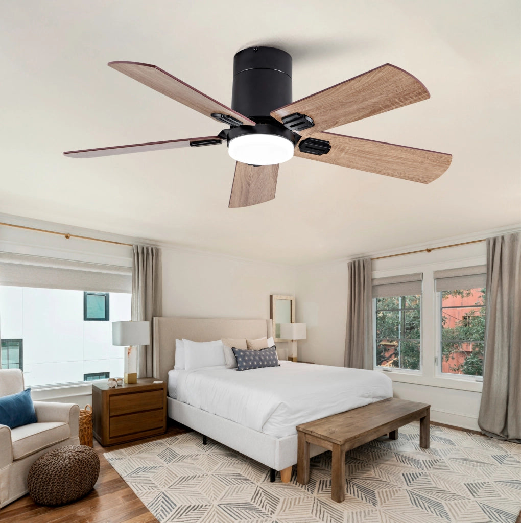 Ventilatore da soffitto piatto 42" nero con telecomando, LED dimmerabile 3 colori, motore DC reversibile silenzioso con memoria, per interni e esterni coperti