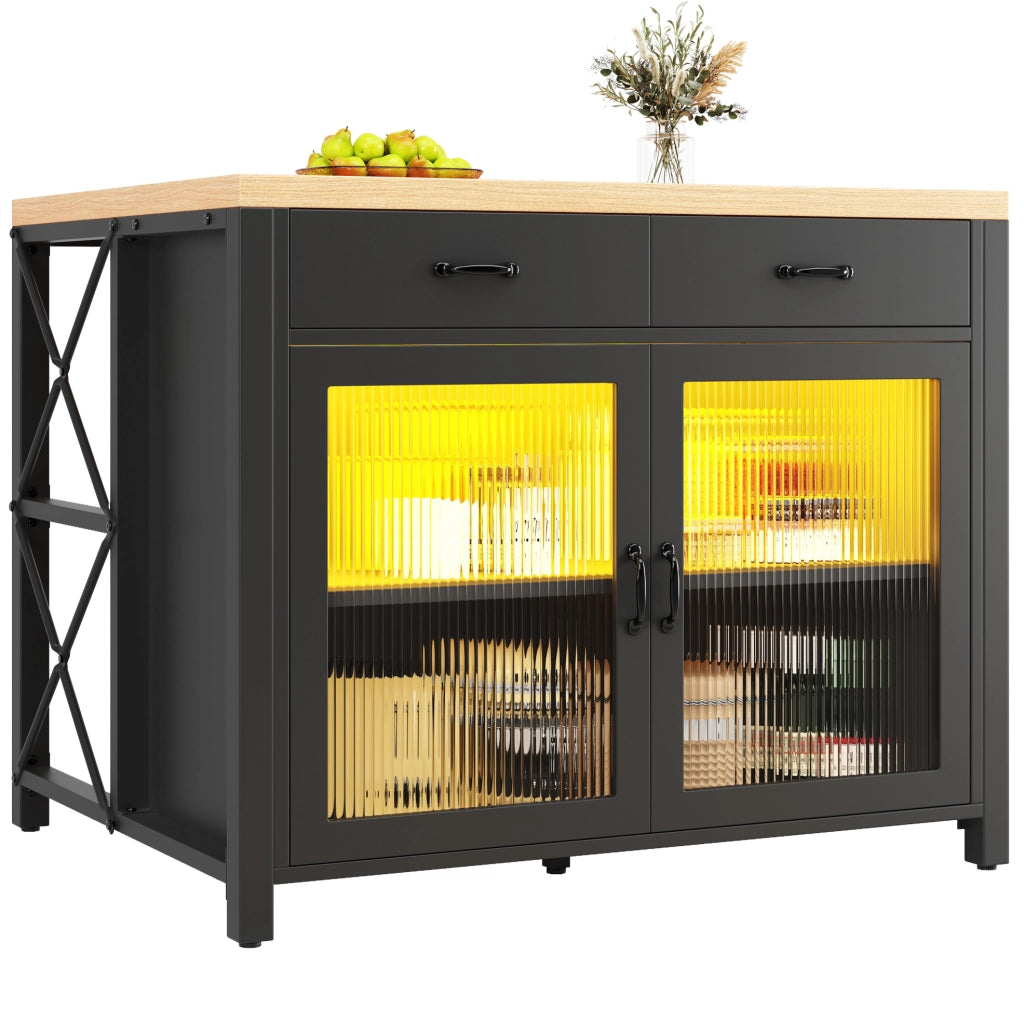 Isola da cucina 100x80x90 cm in MDF e vetro nero con LED e contenitore