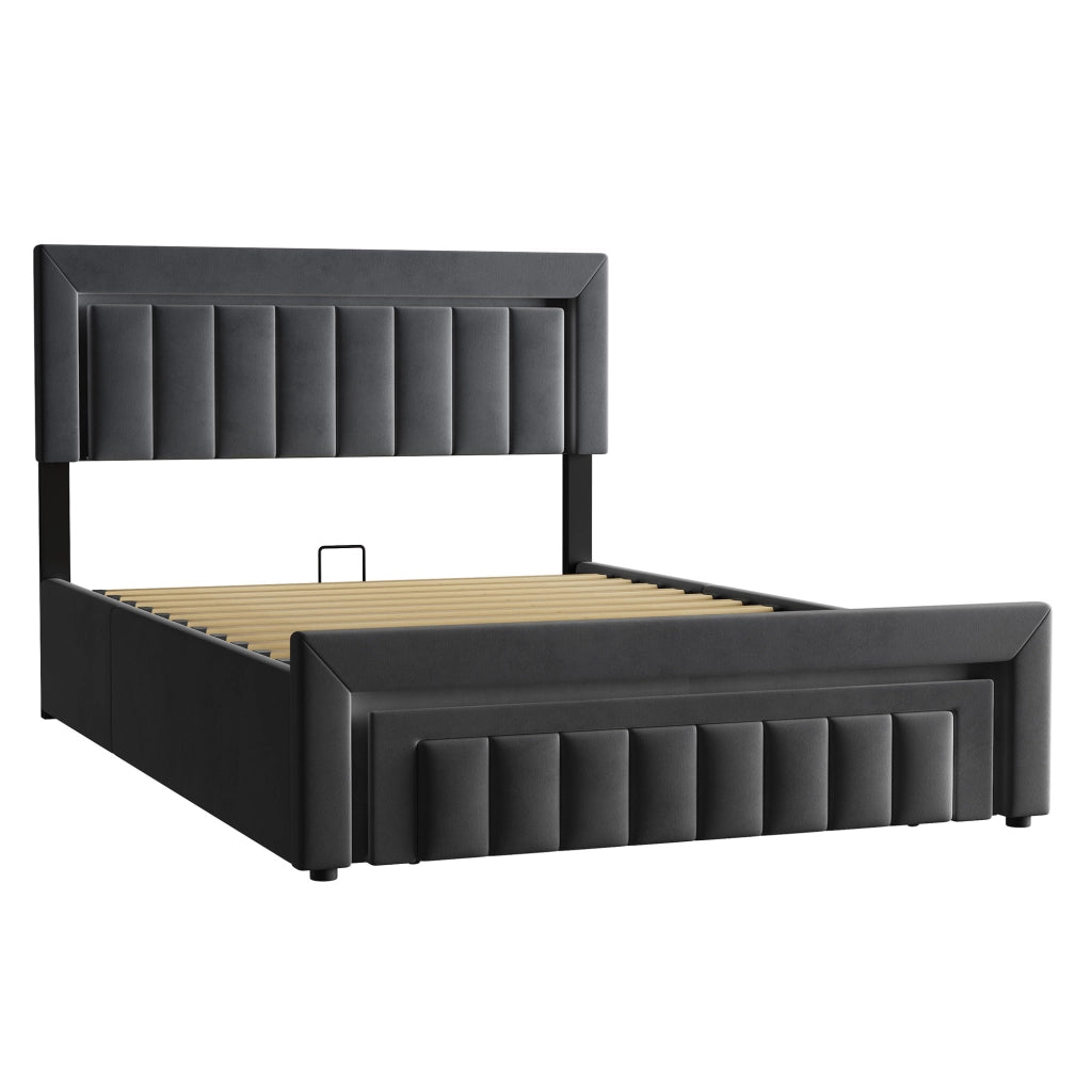 Letto imbottito grigio 140x200 cm con contenitore idraulico, LED e cassetto