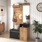 Set ingresso con appendiabiti, specchio, scarpiera, panca e ripiano superiore in legno e nero, 105x40x191,5 cm
