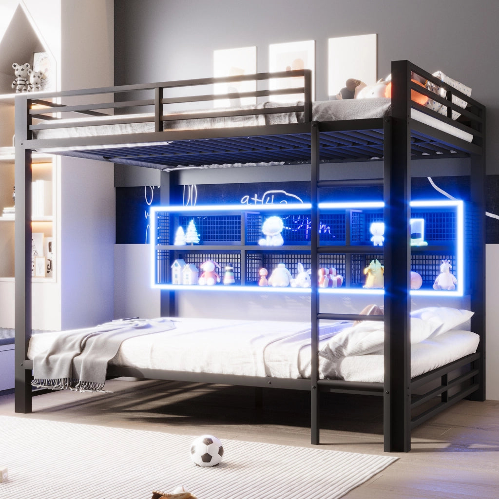 Letto a castello 140x200 cm con armadi contenitore e luce LED, Nero