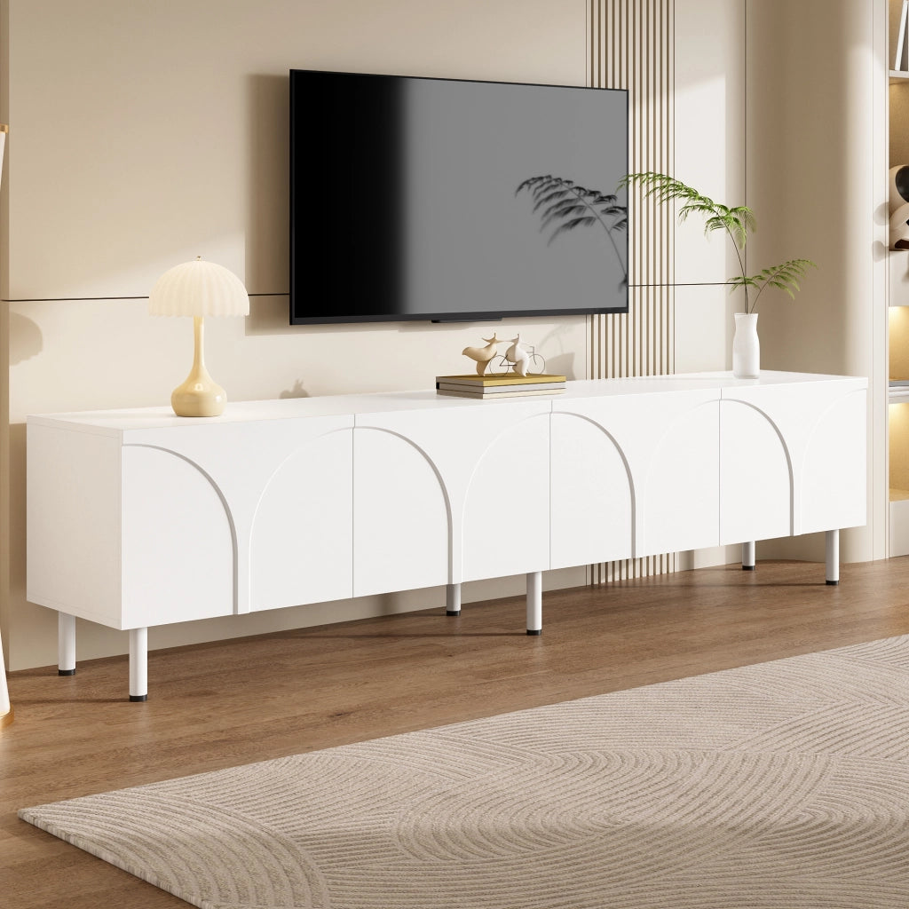 Mobile TV a quattro ante con linee curve tridimensionali in MDF e pannello truciolare bianco 180 × 35 × 49 cm