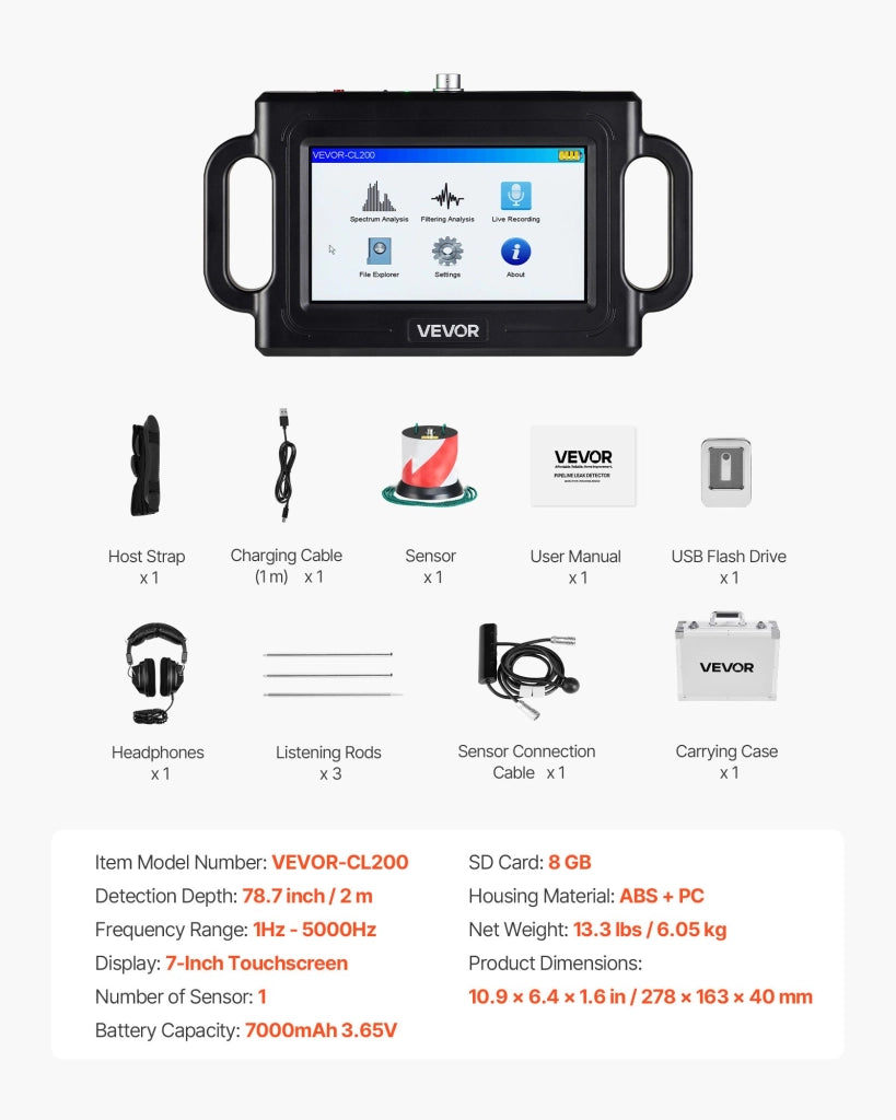 Rilevatore di perdite d'acqua per tubi profondità 2 m con touchscreen 7 pollici, 1Hz-5000Hz, sensore, cuffie e scheda 8 GB, robusto e pratico