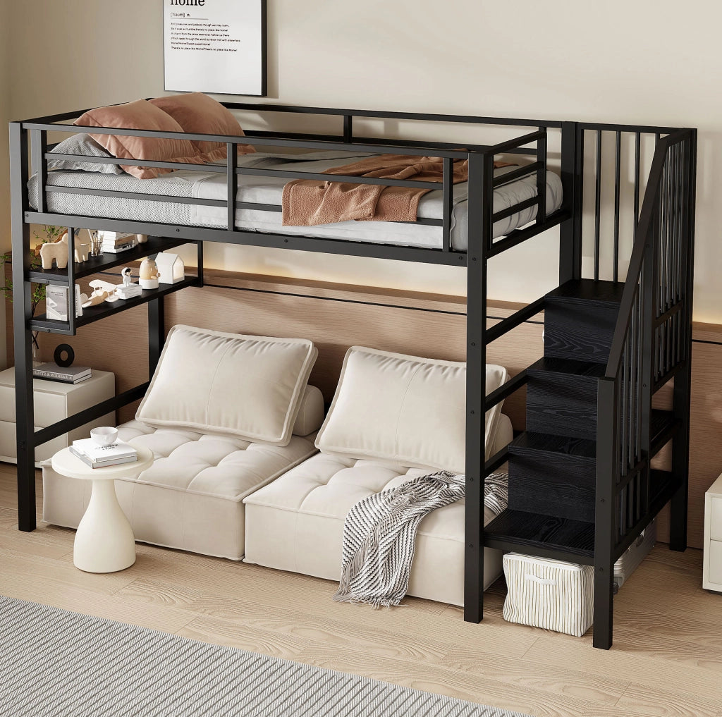 Letto a soppalco per bambini 90x200 cm nero con scaffali