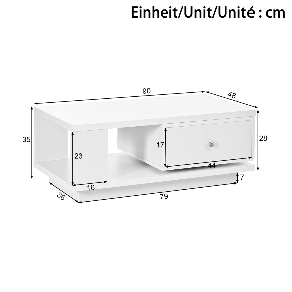 Tavolino da salotto con cassetto girevole e vano aperto, bianco lucido, in MDF e truciolare, 90 × 48 × 35 cm