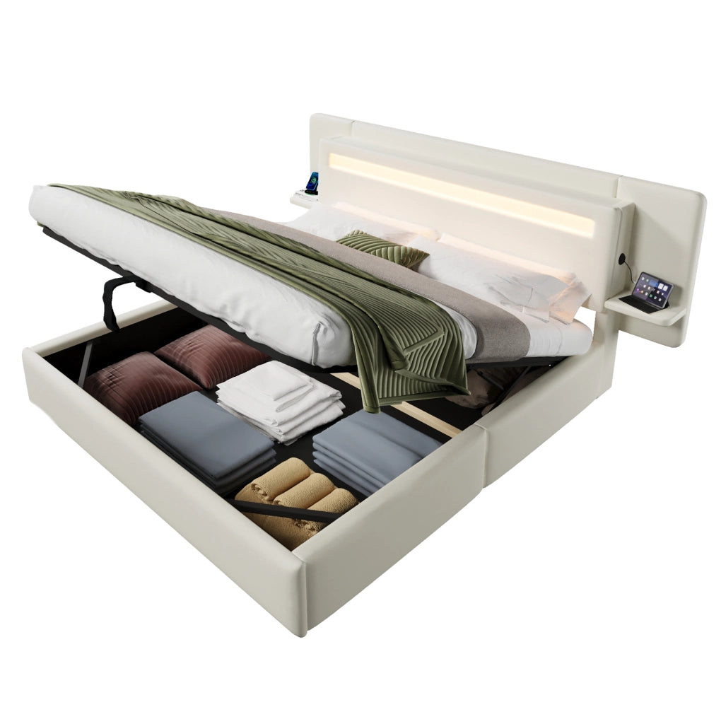 Letto Matrimoniale Imbottito con Contenitore Idraulico Comodino LED e USB 180 x 200 cm Beige - senza Materasso