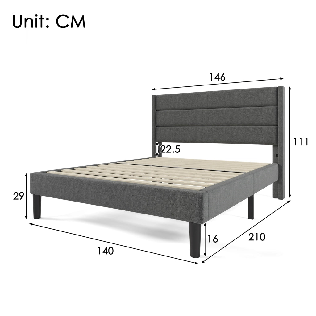 Letto matrimoniale 140 × 200 cm 2 posti, testiera imbottita e materasso H3 a 7 zone, in lino grigio scuro