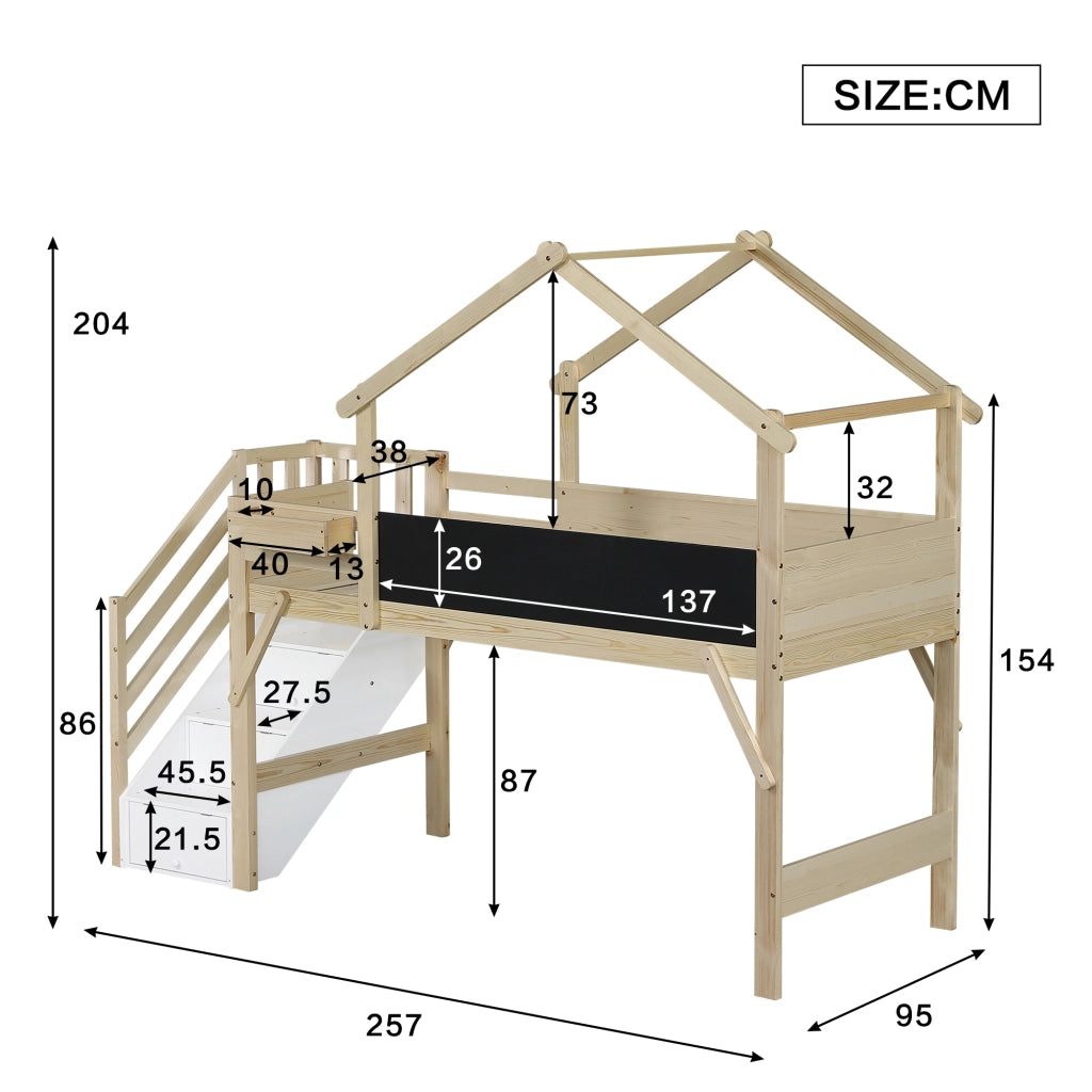 Letto a castello per bambini 90 × 200 cm con scala contenitore lavagna e tetto in legno bianco e naturale