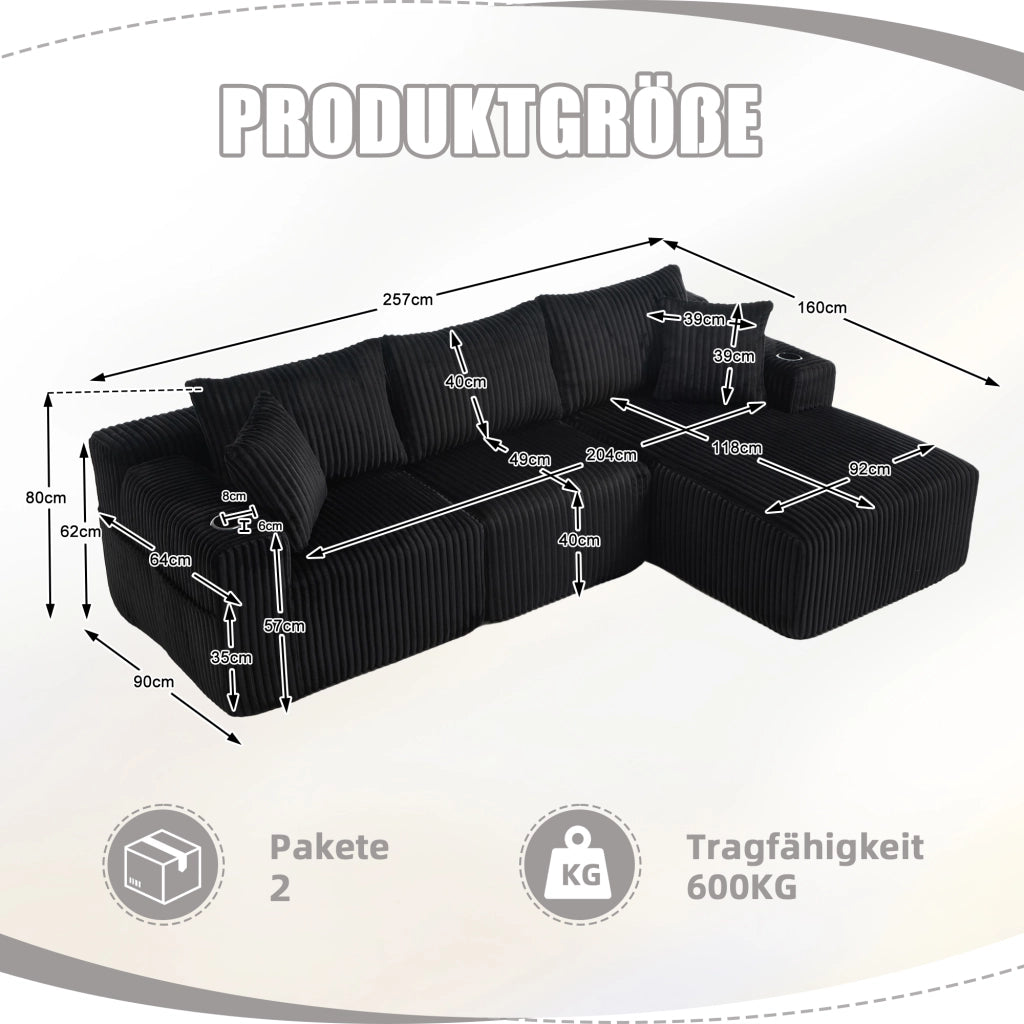 Divano modulare con chaise longue e 2 posti in velluto a coste nero con 5 cuscini