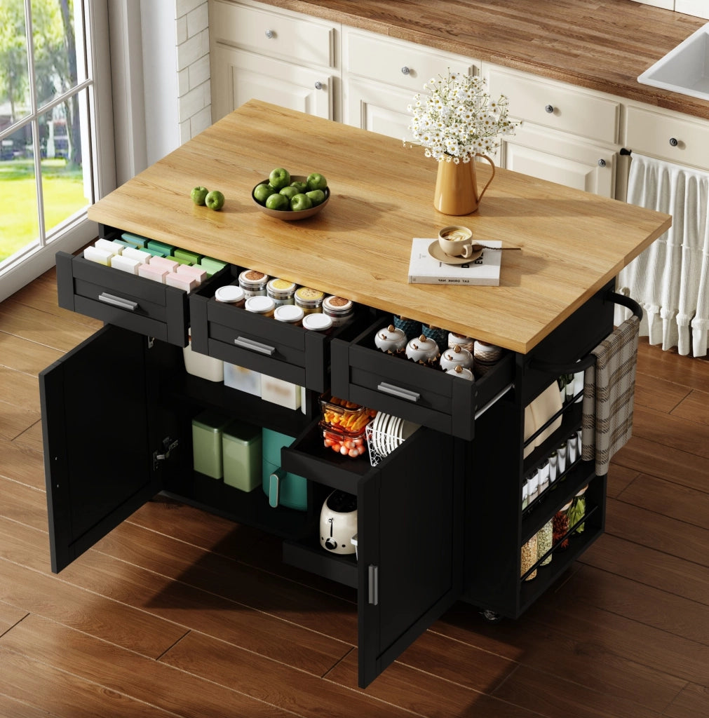 Isola cucina mobile 120x45/70x84 cm con piano ribaltabile; prese USB e ruote HOMVRA
