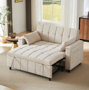 Divano letto 2 posti ULEVR 3 in 1 in ciniglia beige con braccioli contenitore e tasche laterali