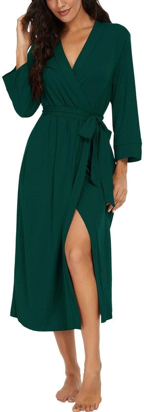 Kimono da bagno per donna, lunga, leggera, V-collo, giacca casual con trama (verde scuro, XL)