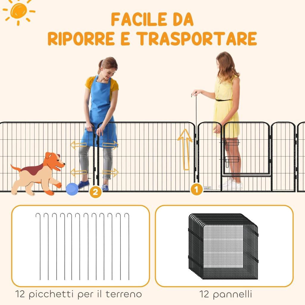 Recinto per Cani a 12 Pannelli Modulabili da 80x1.5x80 cm. Pieghevole con Porta in Acciaio. 12 Picchetti. Grigio
