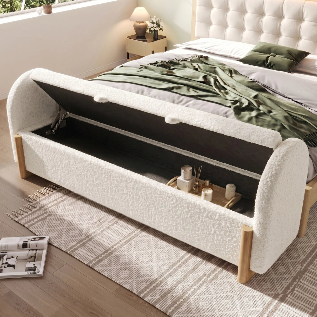 Panca Contenitore Bianca 186x47x61 cm con Rivestimento in Tessuto Chenille Bouclé e Gambe a U in Legno di Gommifero