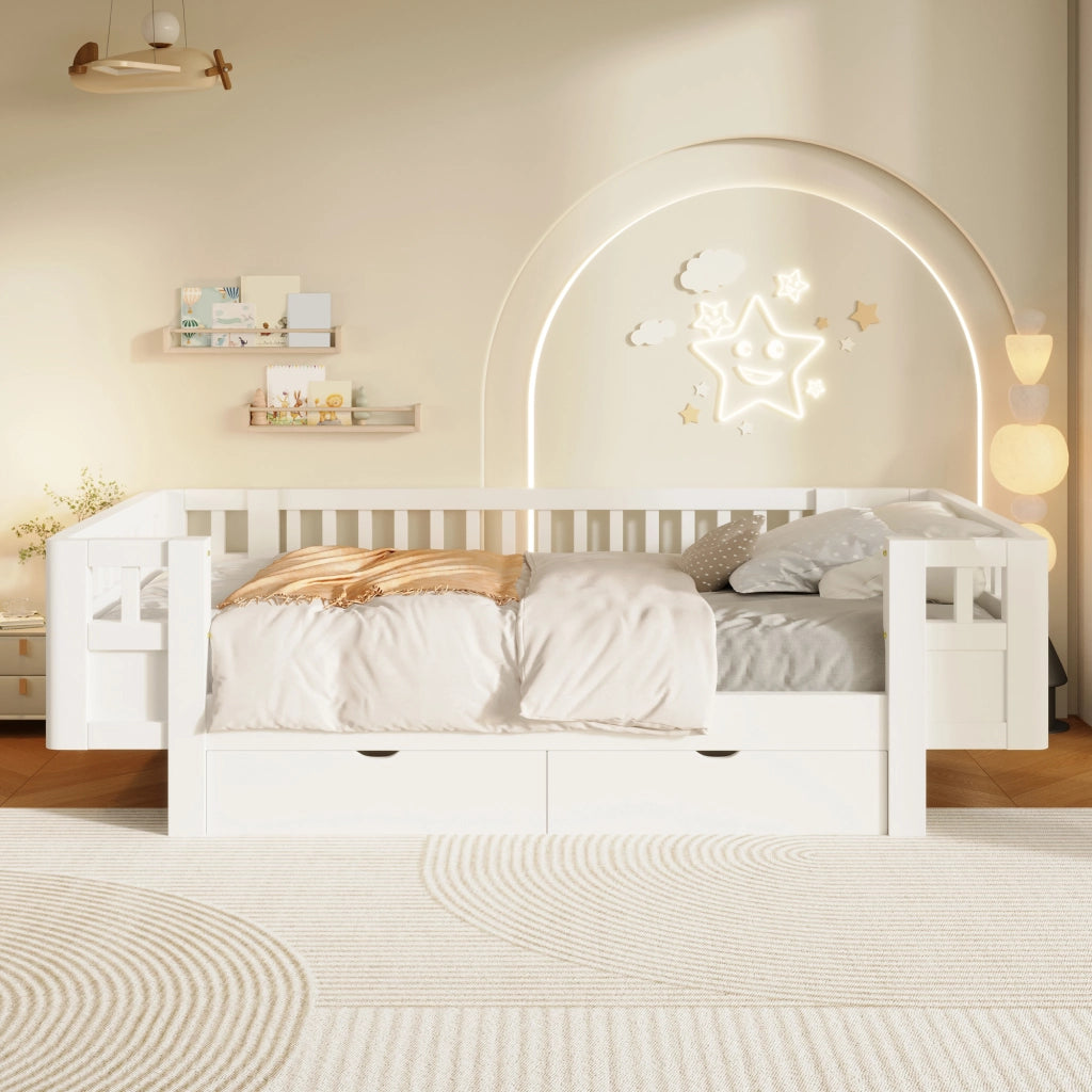 Letto per bambini 90 × 200 cm con barriera alta e 2 cassetti estraibili, senza materasso, in legno massello e MDF bianco