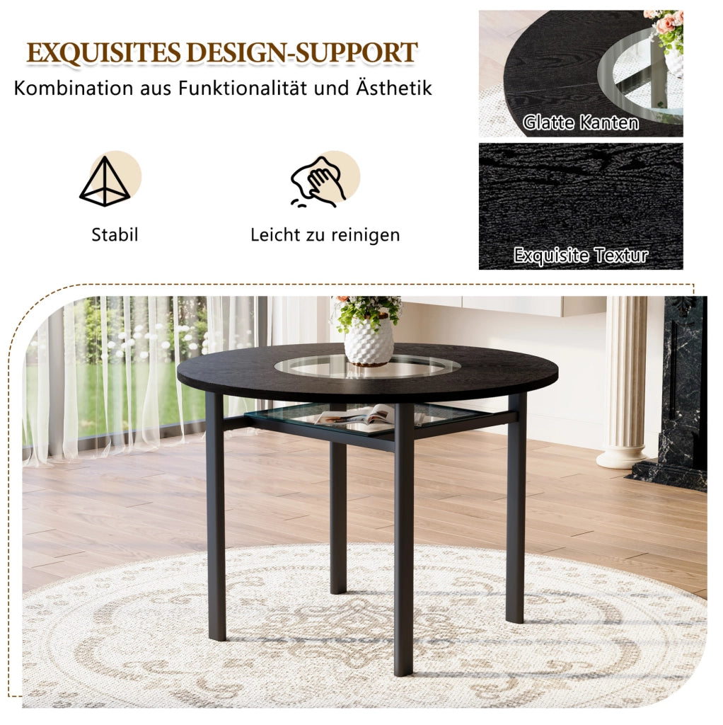 Set tavolo rotondo Ø100 cm con sedie; MDF effetto legno nero; vetro e PU bianco