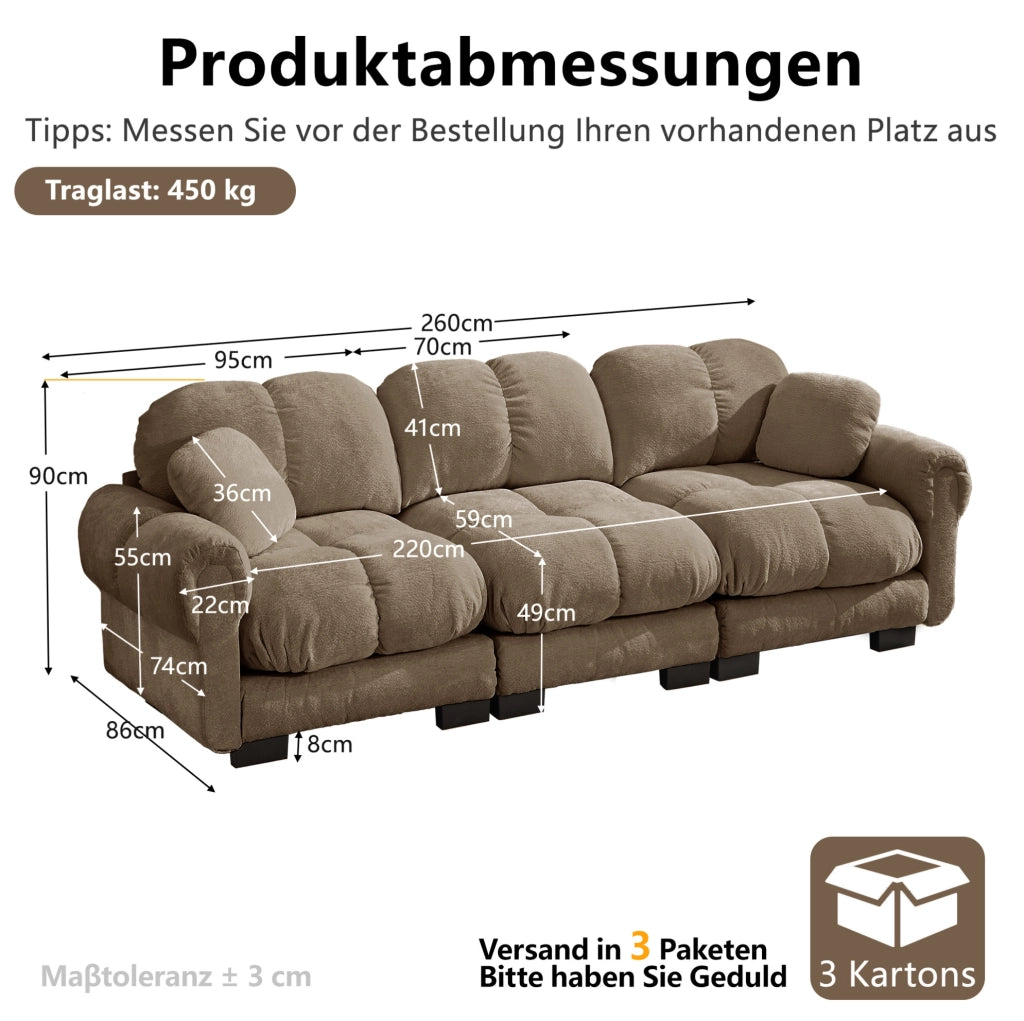 Divano modulare 3 posti ULEVR 260x86x90 cm in ciniglia marrone con cuscini spessi e 2 cuscini decorativi