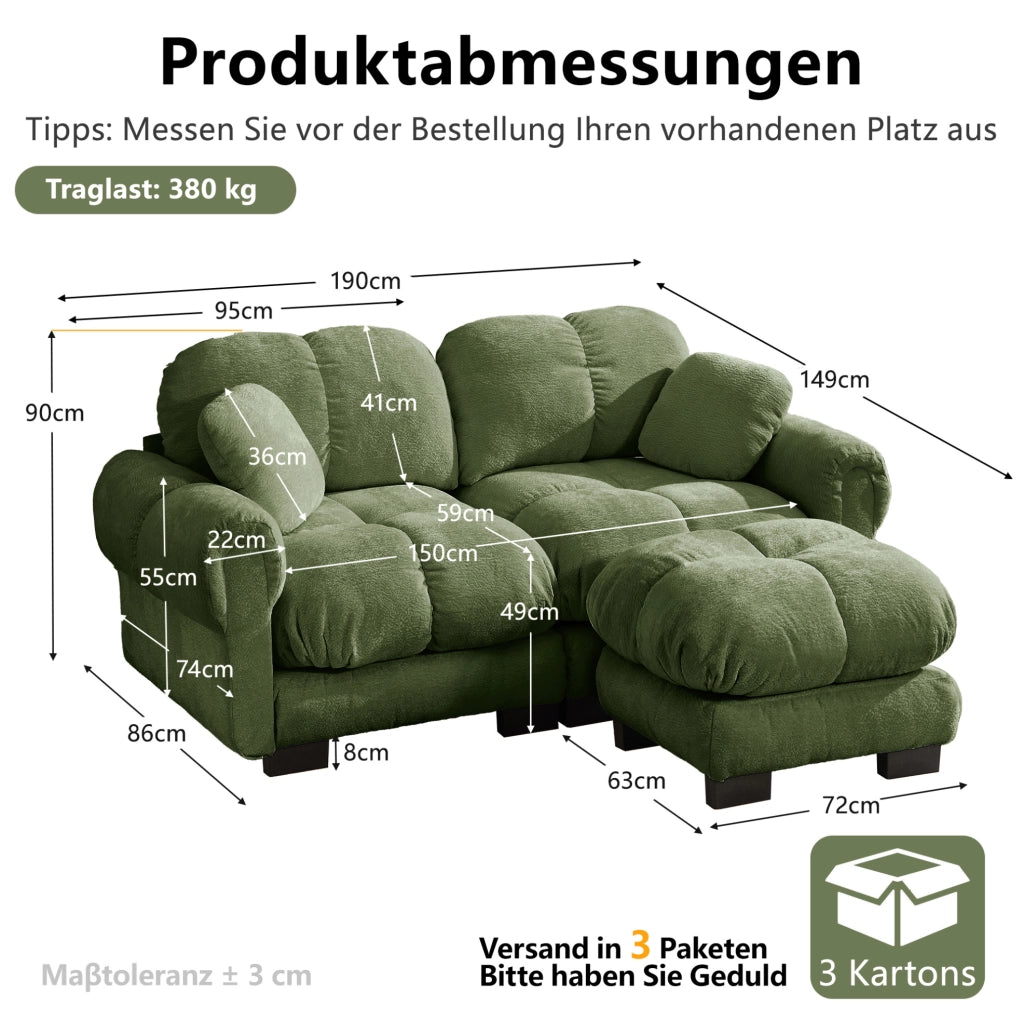 Divano angolare modulare 2 posti in chenille verde con pouf mobile e cuscini spessi