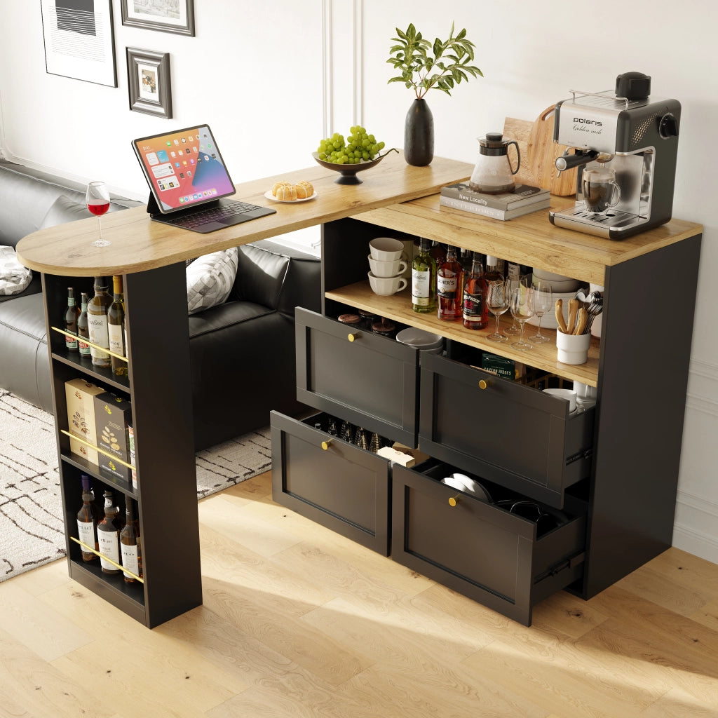 Mobile contenitore a L con 4 cassetti e scaffale laterale girevole a 360° in MDF nero 105 × 39 × 102 cm