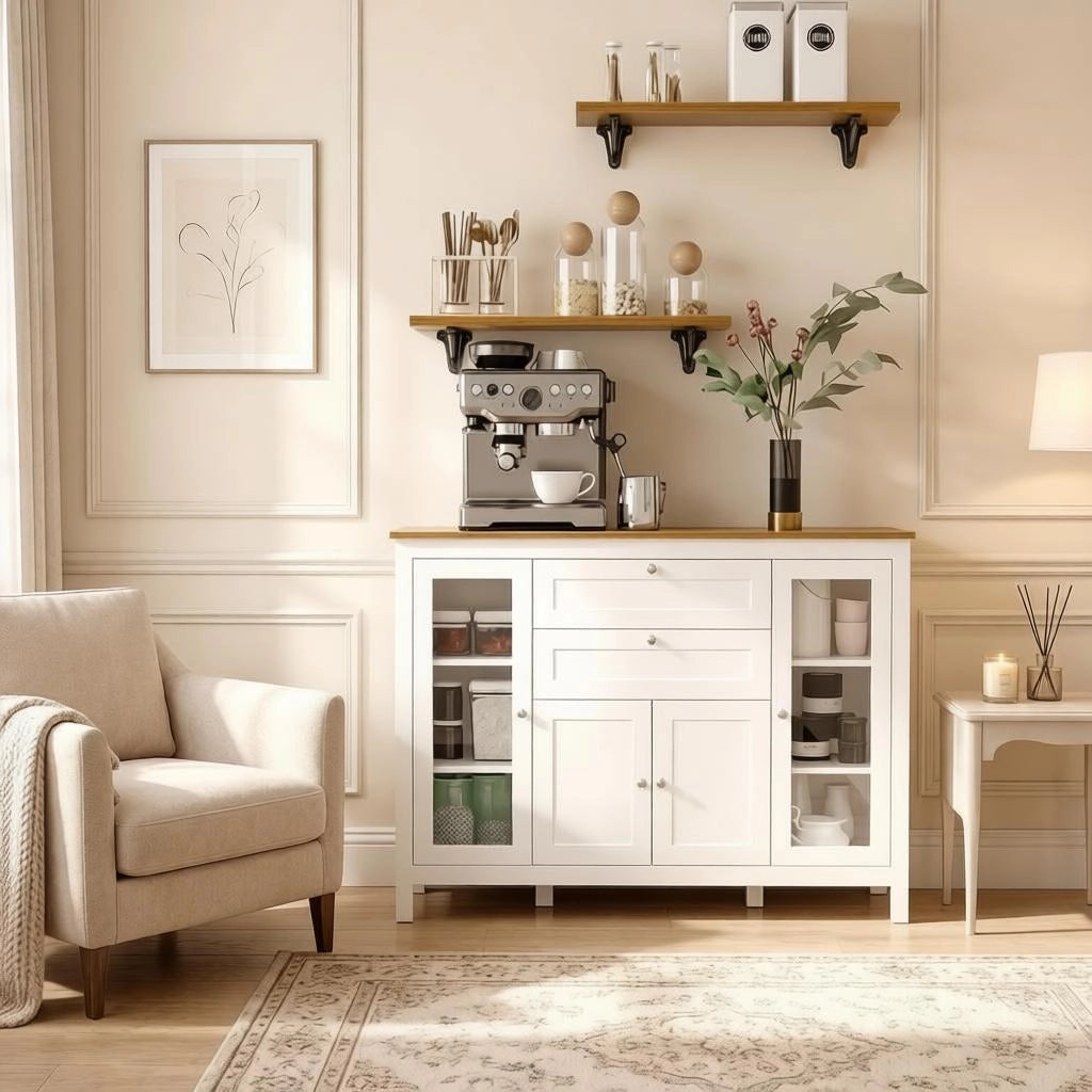 Madia con ante in vetro e 2 cassetti; ripiani regolabili; per cucina e soggiorno; in MDF; 120×40×90 cm