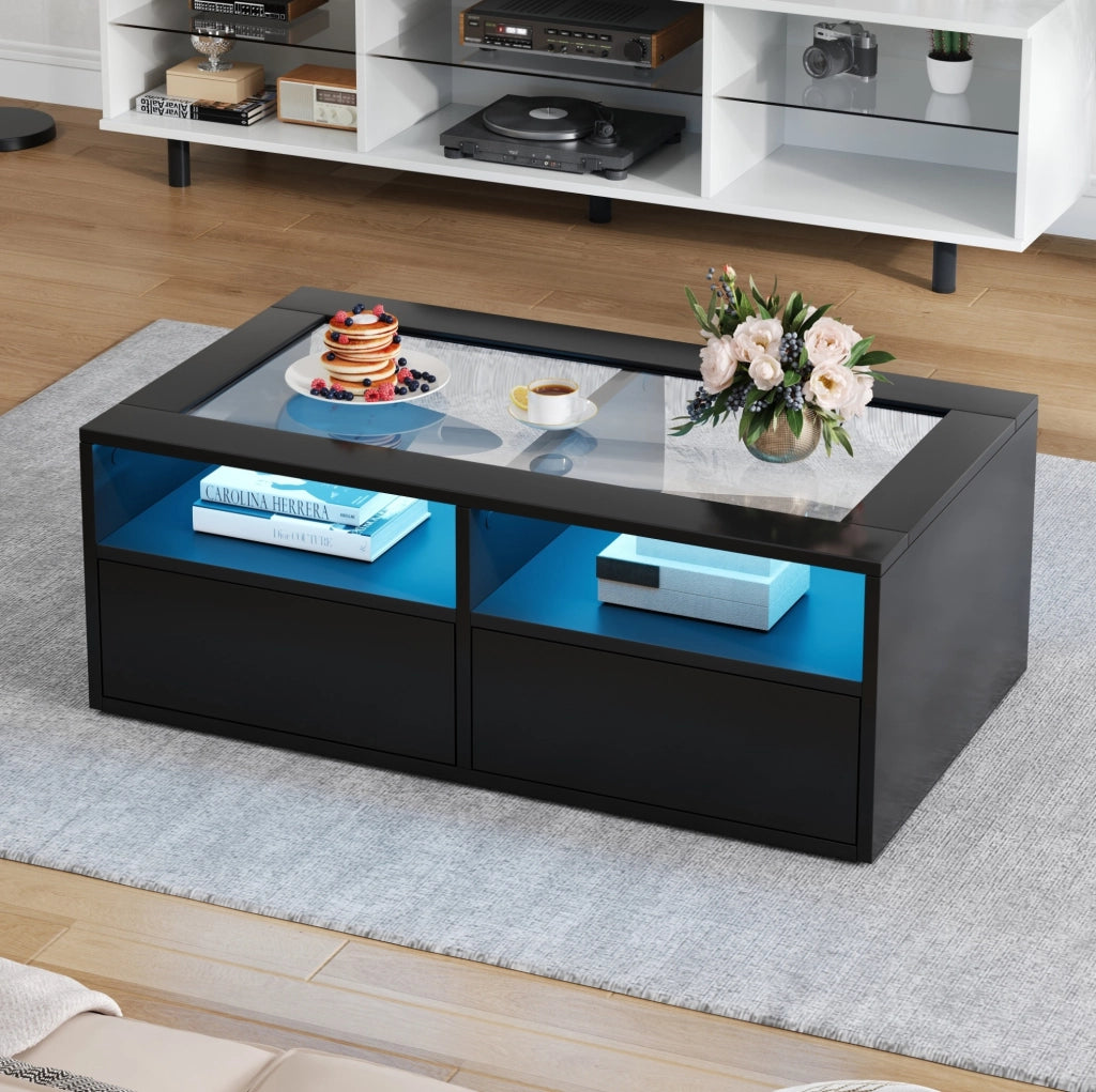 Tavolino da caff¨¨ 100x50x35 cm con LED, vetro temperato e 2 cassetti nero