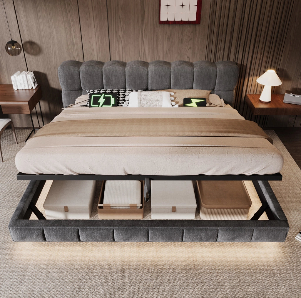 Letto imbottito matrimoniale 180x200 cm grigio con contenitore idraulico, illuminazione LED e porte di ricarica USB e Tipo-C