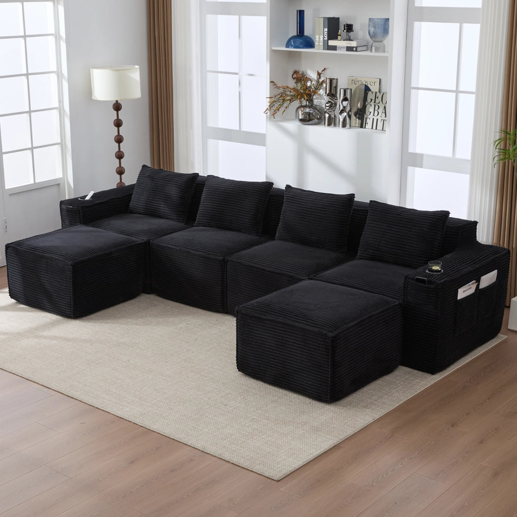 Divano modulare 4 posti con 2 pouf; portabevande e tasche in velluto a coste nero