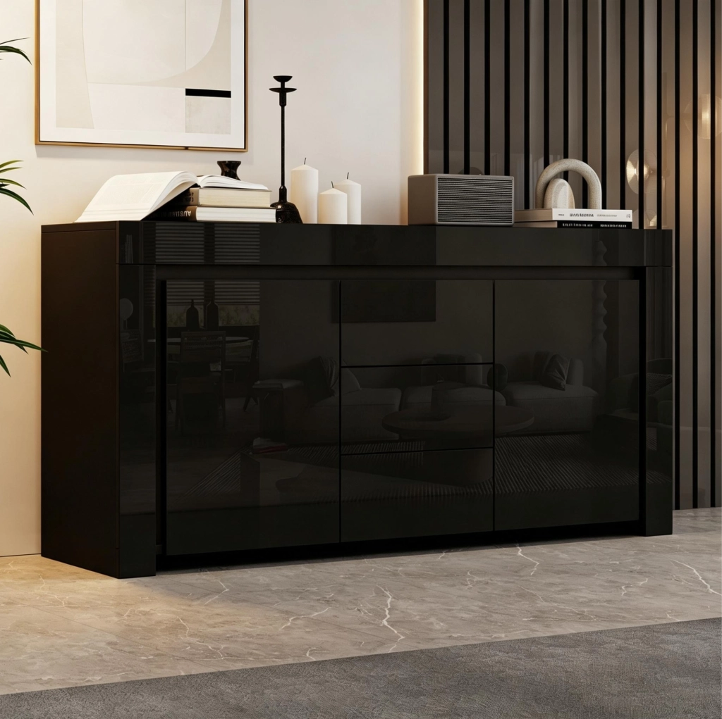Sideboard nero lucido 140x40x65 cm con 3 cassetti, 2 ante e illuminazione LED regolabile