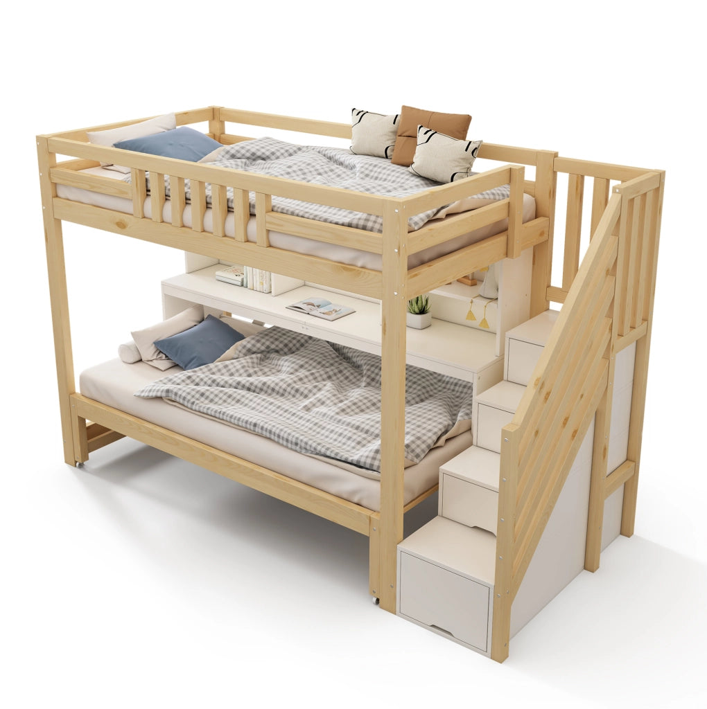 Letto a castello 90x200/90x190 cm con scrivania e letto estraibile in pino, compensato e MDF